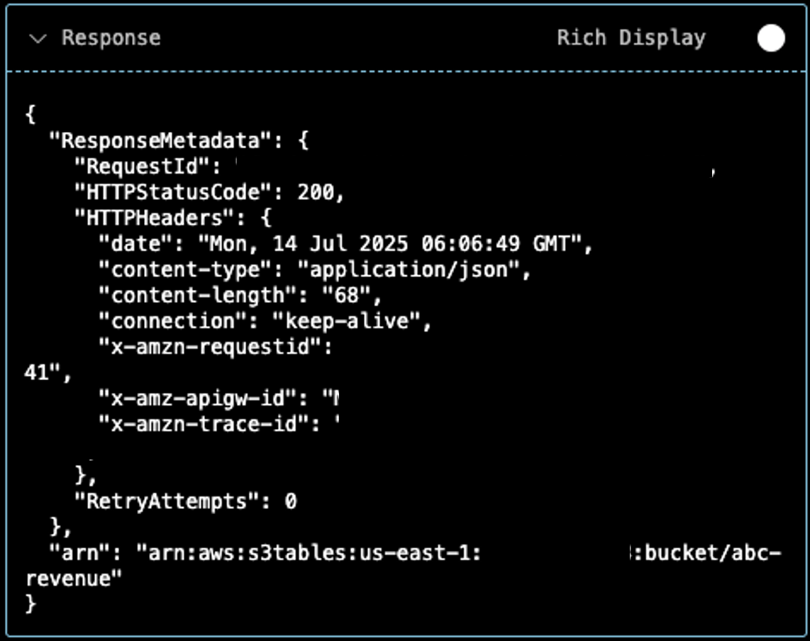 AI assistant proceeds with creating the table bucket screenshot
